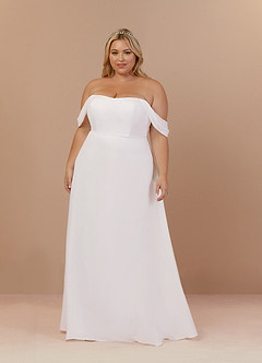 Azazie Ava At-home Try On Dresses Diamond White A-Line Off the Shoulder Stretch Chiffon Dress image9
