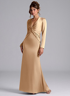 Azazie Valerie Bridesmaid Dresses Champagne Mermaid Long Sleeve Stretch Satin Dress image3