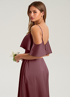Azazie Jean Bridesmaid Dresses Sangria A-Line Off the Shoulder Stretch Satin Dress image7