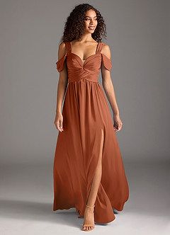 Azazie Lianne Bridesmaid Dresses Cedar Rose A-Line Off the Shoulder Stretch Satin Dress image2