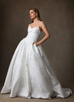 Azazie Genevieve Vestidos de novia Vestido de Diamante Blanco de Jacquard Floral de Corte Princesa con Sin tirantes image1