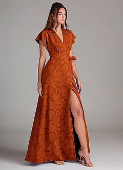 Azazie Ling Bridesmaid Dresses Paprika A-Line Pleated Floral Burnout Dress image4