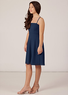 Azazie Kalie Junior Dark Navy A-Line with Belt Chiffon Dress image3