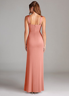 Azazie Denice Bridesmaid Dresses Coral Sheath Pleated Stretch Satin Dress image2