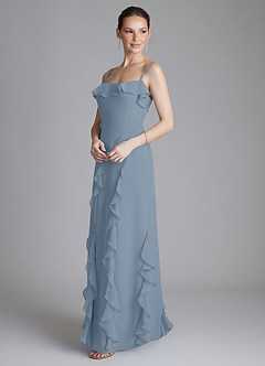 Azazie Malia At-home Try On Dresses Dusty Blue Sheath Ruched Chiffon Dress image5