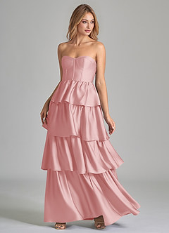 Azazie Faye Robes de demoiselle d'honneur Robe Trapèze en Satin extensible Rayé Rose Poudré image6