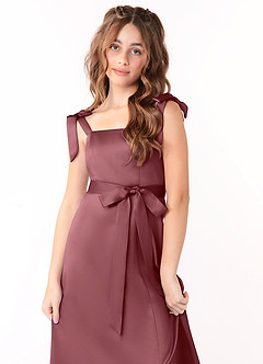 Azazie Barbara Junior Desert Rose A-Line Bow Stretch Satin Dress image5