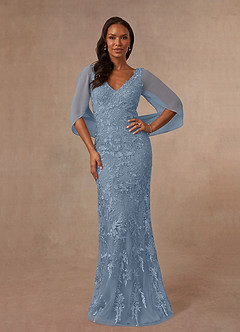 Azazie Ferris Mère de la mariée Robes Robe Fourreau en Mousseline de soie Col V Bleu Poussiéreux image1