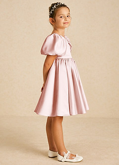 Azazie Muffin Flower Girl Dresses Blushing Pink A-Line with Sleeves Matte Satin Dress image3