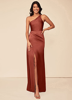Azazie Maron Bridesmaid Dresses Terracotta A-Line One Shoulder Stretch Satin Dress image1