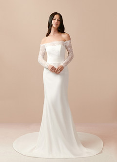 Azazie Aracely Wedding Dresses Diamond White Mermaid Off the Shoulder Stretch Crepe Dress image2