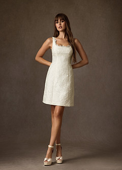 Azazie Janet Wedding Dresses Antique White A-Line Square Neckline Floral Jacquard Dress image3