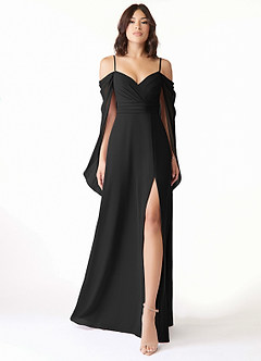 Azazie Cienna Bridesmaid Dresses Black A-Line Off the Shoulder Chiffon Dress image1
