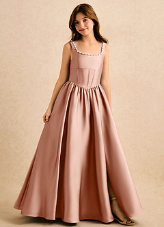Azazie Enid Girls Formal Blumenmädchenkleider A-Linie Mit Perlen Stretch-Satin Kleid Roségold image1