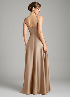 Azazie Shaude Bridesmaid Dresses Taupe A-Line Pleated Stretch Satin Dress image2