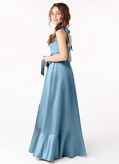 Azazie Barbara Junior Steel Blue A-Line Bow Stretch Satin Dress image2