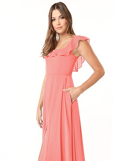 Azazie Jinny Vestidos de damas de honor Vestido de Coral de Gasa de Corte en A con Cuello Cuadrado Acanalado image5