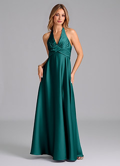 Azazie Tessie Bridesmaid Dresses Peacock A-Line Pleated Stretch Satin Dress image6