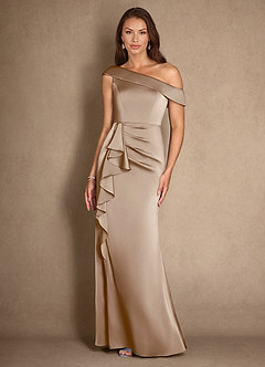 Azazie Hamptons Mother of the Bride Dresses Taupe A-Line Pleated Stretch Satin Dress image4