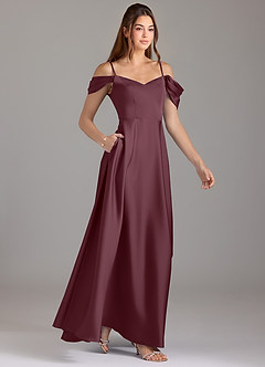 Azazie Marley Bridesmaid Dresses Sangria A-Line Off the Shoulder Stretch Satin Convertible Dress image4