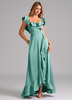 Azazie Lyra Jurken voor bruidsmeisjes Converteerbaar Jurk van Stretch Satijn met A-Lijn Off the Shoulder Aqua image2