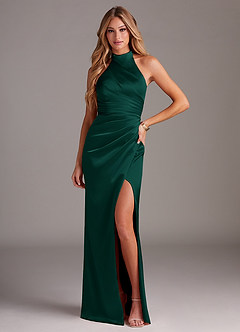 Azazie Jemma Robes de demoiselle d'honneur Robe Fourreau en Satin extensible Plissée émeraude image1