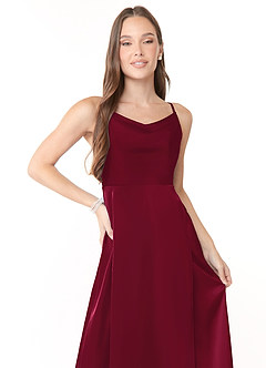 Azazie Naomie Bridesmaid Dresses Burgundy A-Line Cowl Neckline Side Slit Stretch Satin Dress image5
