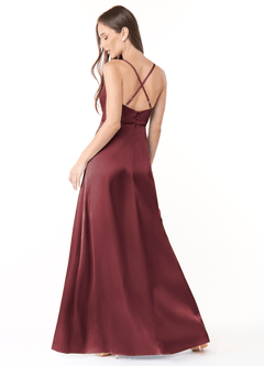 Azazie Naomie Bridesmaid Dresses Merlot A-Line Cowl Neckline Side Slit Stretch Satin Dress image2