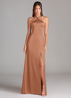 Azazie Elliana Bridesmaid Dresses Bronzer A-Line Side Slit Stretch Satin Dress image5