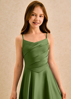 Azazie Coconut Girls Formal Abiti da Ragazza di Fiori Abito A-Line in Raso Elasticizzato Plissettato Ginepro image6