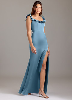 Azazie Callie Bridesmaid Dresses Steel Blue A-Line Ruched Stretch Satin Convertible Dress image4