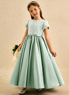 Azazie Cashew Flower Girl Dresses Agave Ball-Gown with Sleeves Matte Satin Dress image3