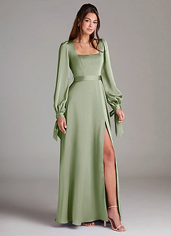 Azazie Leonia Bridesmaid Dresses Dusty Sage A-Line Long Sleeve Stretch Satin Dress image3