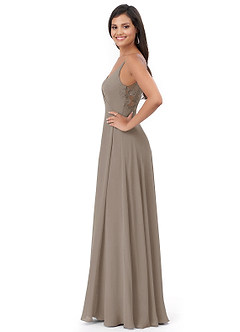 Azazie Lennon Bridesmaid Dresses Taupe A-Line Lace Chiffon Dress image3