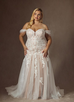 Azazie Leilani Vestidos de novia Vestido de Blanco Diamante Nude de Tul de Corte Sirena con Lentejuela image10