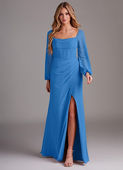 Azazie Charissa Bridesmaid Dresses Blue Jay Sheath Long Sleeve Chiffon Dress image3