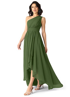Azazie Mathilda Robes de demoiselle d'honneur Robe Trapèze en Mousseline de soie Ue épaule Olive image3