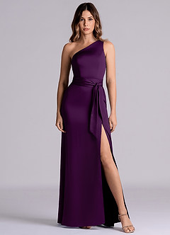 Azazie Philana Bridesmaid Dresses Grape A-Line One Shoulder Stretch Satin Dress image2