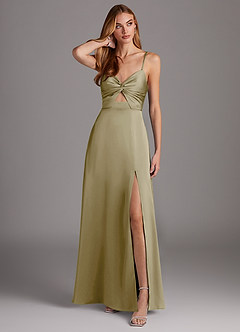Azazie Jenna Bridesmaid Dresses Moss Green A-Line Pleated Stretch Satin Dress image1