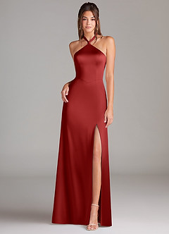 Azazie Elliana Bridesmaid Dresses Pomegranate Sheath Side Slit Stretch Satin Dress image4