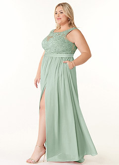 Azazie Elly Bridesmaid Dresses Agave A-Line Lace Scoop Neck Chiffon Dress image9