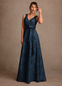 Azazie Luanne Mother of the Bride Dresses Dark Navy A-Line Pleated Floral Burnout Dress image4