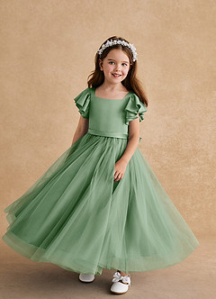 Azazie Suzy Flower Girl Dresses Matcha A-Line with Sleeves Tulle Dress image4