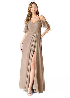 Azazie Dakota Brautjungfernkleider A-Linie V-Hals Gefaltet Chiffon Kleid Taupe image1