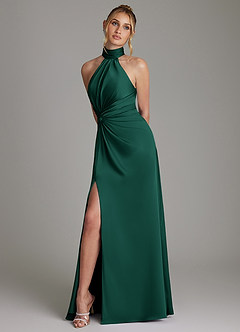 Azazie Gracelynn Robes de demoiselle d'honneur Robe Fourreau en Satin extensible Plissée émeraude image5
