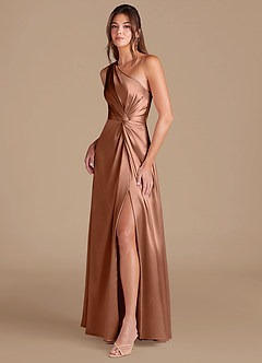 Azazie Brooke Bridesmaid Dresses Bronzer A-Line One Shoulder Metallic Satin Dress image4