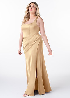 Azazie Mero Bridesmaid Dresses Champagne Sheath Pleated Stretch Satin Dress image7