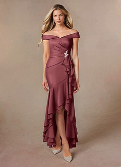 Azazie Billings Moeder van de bruid jurken Zeemeermin Jurk van Stretch Satijn Off the Shoulder Merlot image5