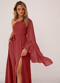 Barbie ♥ Azazie Bridesmaid Dresses Rust A-Line Long Sleeve Chiffon Dress image5