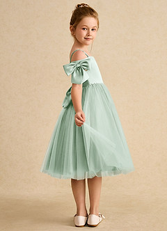Azazie Amie Flower Girl Dresses Agave A-Line Off the Shoulder Matte Satin Dress image6